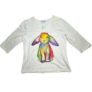 Diane‎ Wat Design Hand Painted Rainbow Bunny V-Neck Top White 3/4 Sleeve Large